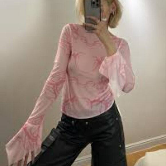NWT Y2K Dazy Sheer Long Sleeve Top with Ruffle Wrist M Pink - Picture 15 of 15